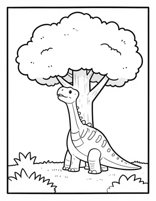Kleurplaat van een brachiosaurus die zijn lange nek uitstrekt naar de top van een grote boom in een groen bos.