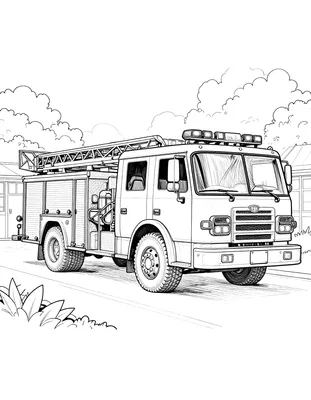 Kleurplaat van een brandweerwagen met ladder en zwaailichten, geparkeerd bij de brandweerkazerne.