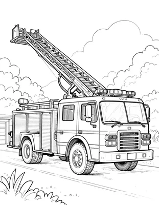 Kleurplaat van een brandweerwagen bij de kazerne met een hoog uitgeschoven ladder en zwaailichten op het dak.