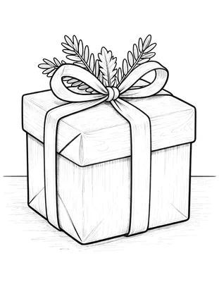 Kleurplaat van een ingepakt cadeau met een grote strik en dennentakjes bovenop, staand op een vensterbank.