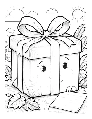 Kleurplaat van een groot ingepakt cadeau met een strik, een vrolijk gezicht en een klein kaartje met een gedicht ernaast.