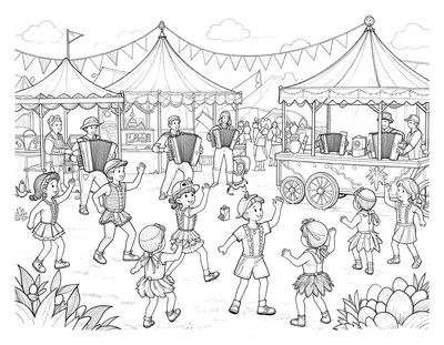 Kleurplaat van een carnavalsstraatfeest met dansende kinderen in kostuums, accordeonisten en versierde wagens met vlaggen en slingers.