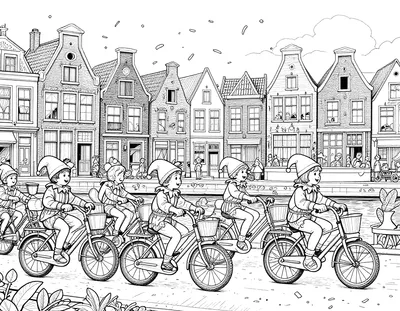 Kleurplaat van een carnavalsoptocht door een Nederlandse grachtenstad met kinderen in narrenmutsen op versierde fietsen en confetti boven historische gevels.