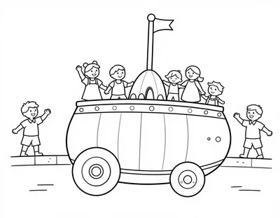 Kleurplaat van een versierde carnavalswagen in de vorm van een enorme klomp die door de straat rijdt, met zwaaiende kinderen op de wagen en langs de kant.