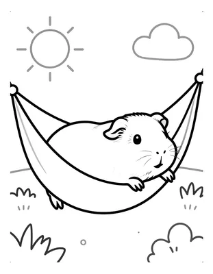 Kleurplaat van een cavia die languit in een stoffen hangmat ligt te rusten, met zon, wolk en graspollen op de achtergrond.