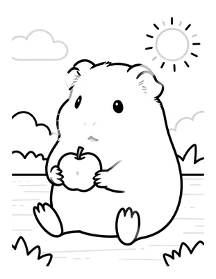 Kleurplaat van een cavia die een stukje appel tussen de voorpootjes vasthoudt, zittend op een houten vloer met gras en een zon op de achtergrond.