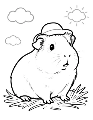 Kleurplaat van een cavia met een klein hoedje op zijn hoofd, zittend op een berg vers hooi onder een paar wolken en een zonnetje.