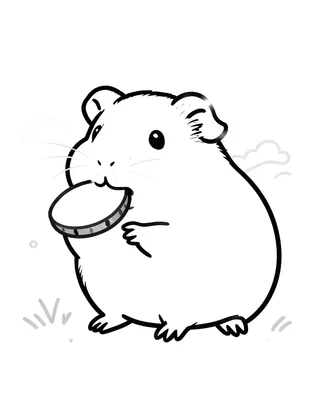 Kleurplaat van een cavia die een plakje komkommer in zijn bek houdt, zittend tussen wat hooi en graspolletjes.