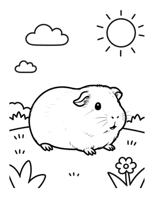 Kleurplaat van een cavia in een ren op het gras met een bloem naast zich, onder een stralende zon en wolken.