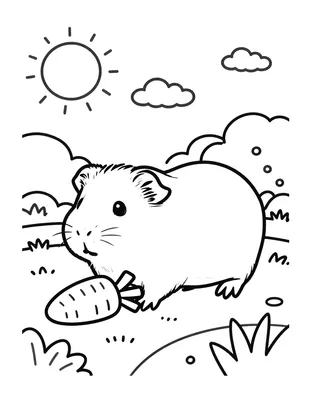 Kleurplaat van een cavia die een wortel over de grond voortduwt, met zon, wolken en graspollen op de achtergrond.