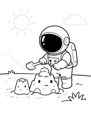 Kleurplaat van een chibi astronaut met ruimtehelm die met een schepje een zandkasteel bouwt op het strand, met zon, wolken en twee lachende zandkasteeltjes.