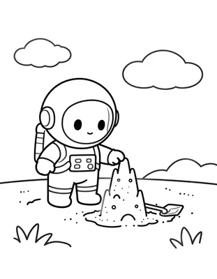 Kleurplaat van een chibi astronaut met ruimtehelm die met een schepje een zandkasteel bouwt op het strand, met wolken en graspollen op de achtergrond.