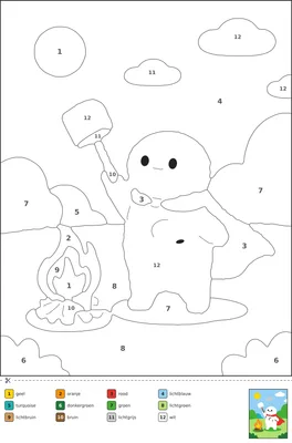 Kleurplaat van een chibi superheld met cape die een marshmallow roostert boven een kampvuur op een camping