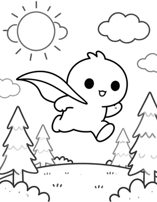 Kleurplaat van een chibi superheld met cape die vliegt boven een bos met hoge dennenbomen en paddenstoelen.