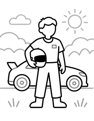 Kleurplaat van een coureur die met een helm onder zijn arm voor een raceauto staat, met op de achtergrond wolken en de zon.