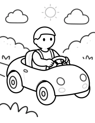 Kleurplaat van een coureur met helm die in een raceauto zit en met beide handen het stuur vasthoudt, met zon en wolken op de achtergrond.