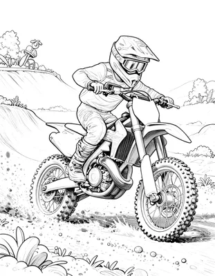 Kleurplaat van een crossmotor die met een rijder in een bocht over de motorcrossbaan scheurt, met opspattend zand en struiken op de achtergrond.