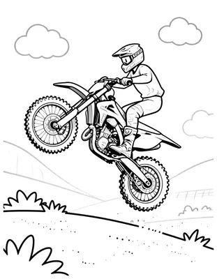 Kleurplaat van een crossmotor die hoog door de lucht springt met een coureur erop, met op de achtergrond een stadionbaan en wolken.