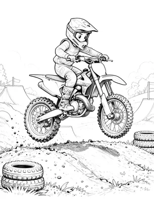 Kleurplaat van een crossmotor die met rijder over een modderheuvel springt op een motocrossbaan met starthekken en stapels banden.