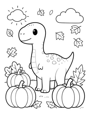 Kleurplaat van een vriendelijke dinosaurus die tussen herfstbladeren en pompoenen in een bos staat.