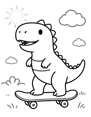 Kleurplaat van een lachende dinosaurus met bikini en topje die op een skateboard staat, met zon en wolken op de achtergrond.