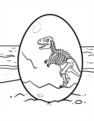 Kleurplaat van een dinosaurus skelet in een gebroken ei op het strand bij de zee