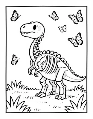 Kleurplaat van een dinosaurus skelet dat in hoog gras staat met vlinders die om zijn ribben fladderen.