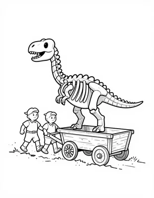Kleurplaat van een dinosaurus skelet dat op een houten kar wordt getrokken door twee kinderen.