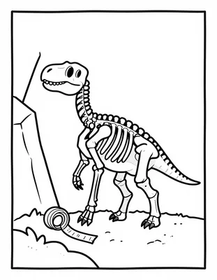 Kleurplaat van een dinosaurus skelet dat tegen een rotswand leunt terwijl een meetlint langs de botjes ligt.