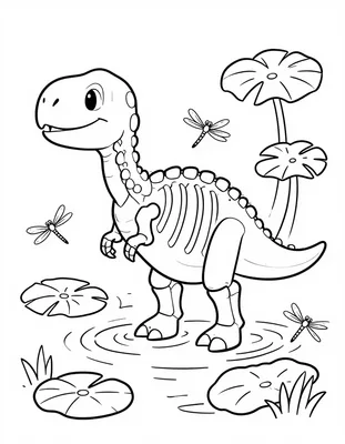 Kleurplaat van een dinosaurus skelet dat door een moeras waait met waterlelies en libellen om zijn poten.
