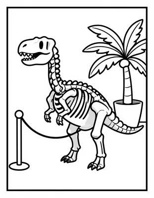 Kleurplaat van een dinosaurus skelet in een museumhoek met een touw en een palm in een pot.