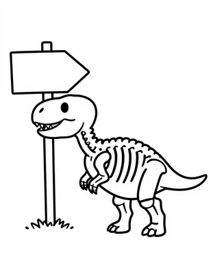 Kleurplaat van een dinosaurus skelet dat naast een leeg wegwijzerbord in de vorm van een pijl staat.