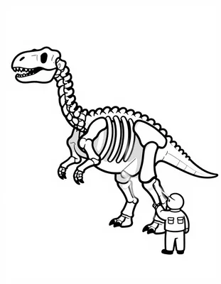 Kleurplaat van een groot dinosaurus skelet in een museum waar een suppoost met een zaklamp langs de ruggengraat schijnt.