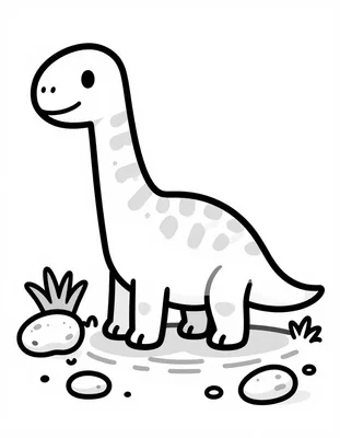 Kleurplaat van een langnek dinosaurus skelet half begraven in een rivierbed met kiezelstenen en planten