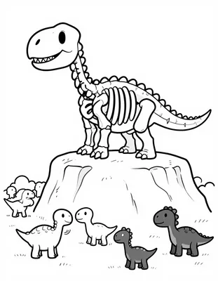 Kleurplaat van een dinosaurus skelet op een rots met daaronder een groep kleine dinosaurussen in het dal.
