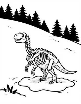 Kleurplaat van een dinosaurus skelet dat uit een smeltende sneeuwbank op een berghelling met dennenbomen komt.