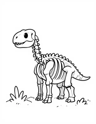 Kleurplaat van een dinosaurus skelet dat in een besneeuwde vallei staat, met een mammoetskelet ernaast in de sneeuw.
