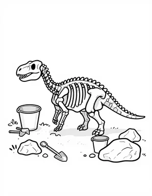 Kleurplaat van een dinosaurus skelet in een steengroeve met pikhouwelen, scheppen en emmers op de grond.