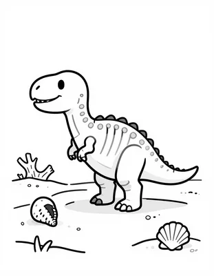 Kleurplaat van een dinosaurus skelet dat op een zandstrand ligt met schelpen, drijfhout en zachte golven.