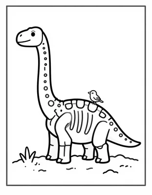 Kleurplaat van een dinosaurus skelet met lange nek waarop een klein vogeltje zit, half in het zand