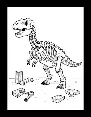 Kleurplaat van een in elkaar gezet dinosaurus skelet met houten steunen en gereedschap op de werkplaatsvloer.