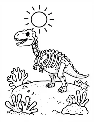 Kleurplaat van een dinosaurus skelet dat op de zeebodem ligt tussen koraal en zeesterren, met zonnestralen boven het water.
