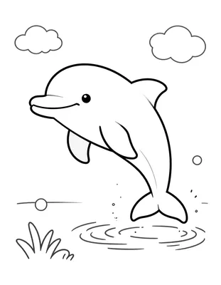 Kleurplaat van een lachende dolfijn die speels uit het water springt, met wolken en waterdruppels op de achtergrond.