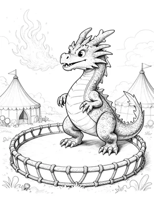 Kleurplaat van een vriendelijke draak die in een circusring vuur blaast door een hoepel, met circustenten op de achtergrond.