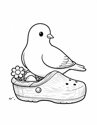 Kleurplaat van een duif die op een houten klomp zit naast een mandje met eieren en voorjaarsbloemen.