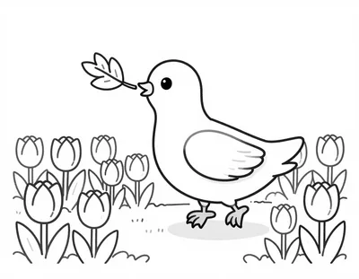 Kleurplaat van een vrolijke duif die een takje met blaadjes in zijn snavel draagt en boven een veld vol bloeiende tulpen vliegt.