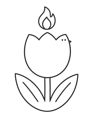 Kleurplaat van een witte duif met een klein vlammetje boven zijn kop, staand op een tulp met twee grote bladeren.