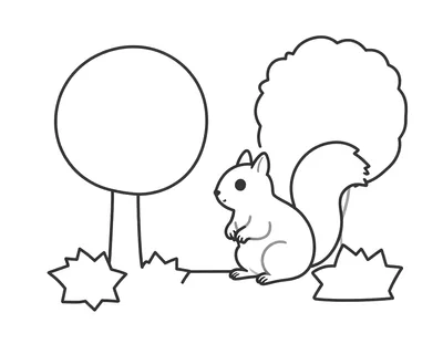 Kleurplaat met een eekhoorn met dikke pluimstaart tussen vallende bladeren en twee bomen.