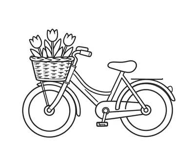 Kleurplaat van een fiets met een mand vol tulpen, naast een klein bruggetje over de gracht.