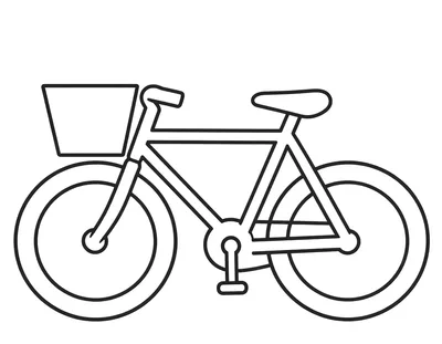 Kleurplaat van een grote simpele fiets met een mandje voorop, een bel aan het stuur en dikke lijnen.